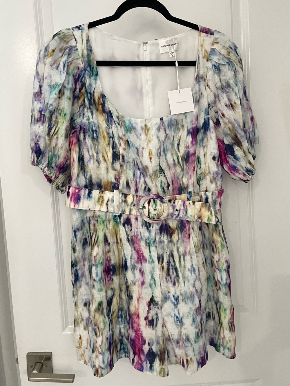 NEW Lavender Brown Watercolor Linen Madison Romper & Belt Size Large NWT 15